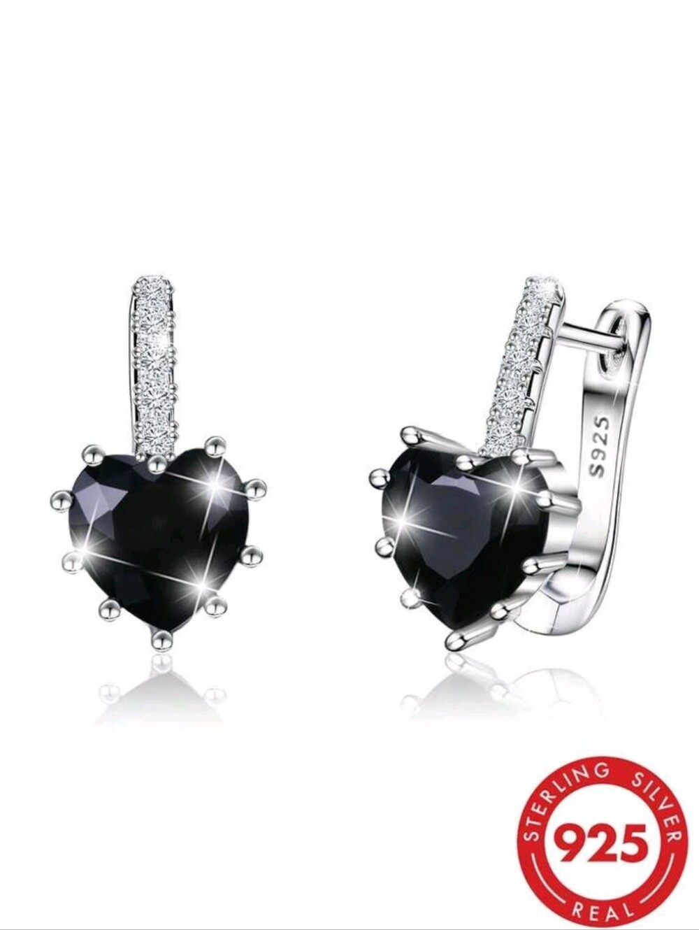 Sterling Silver Heart Black CZ Drop Earrings - 925